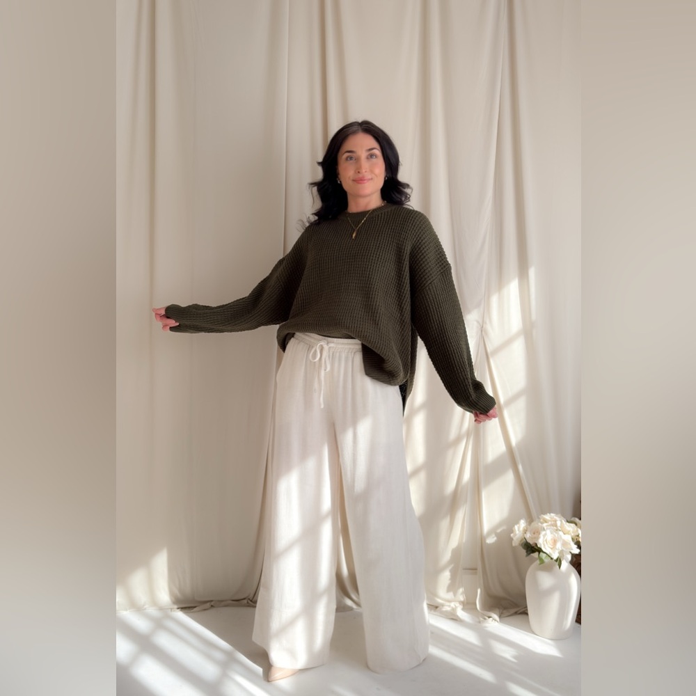 Ivory Linen Blend Wide Leg Drawstring Pants - Picture 6 of 16